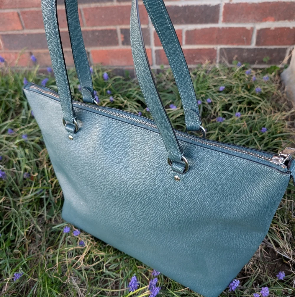 🥰EUC Coach #79608 Zip Top Teal Saffiano Leather Oversized Shoulder Tote Bag - Picture 13 of 16